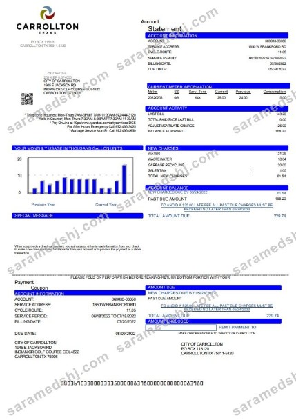 USA Texas Carrollton utility bill template in Word and PDF format